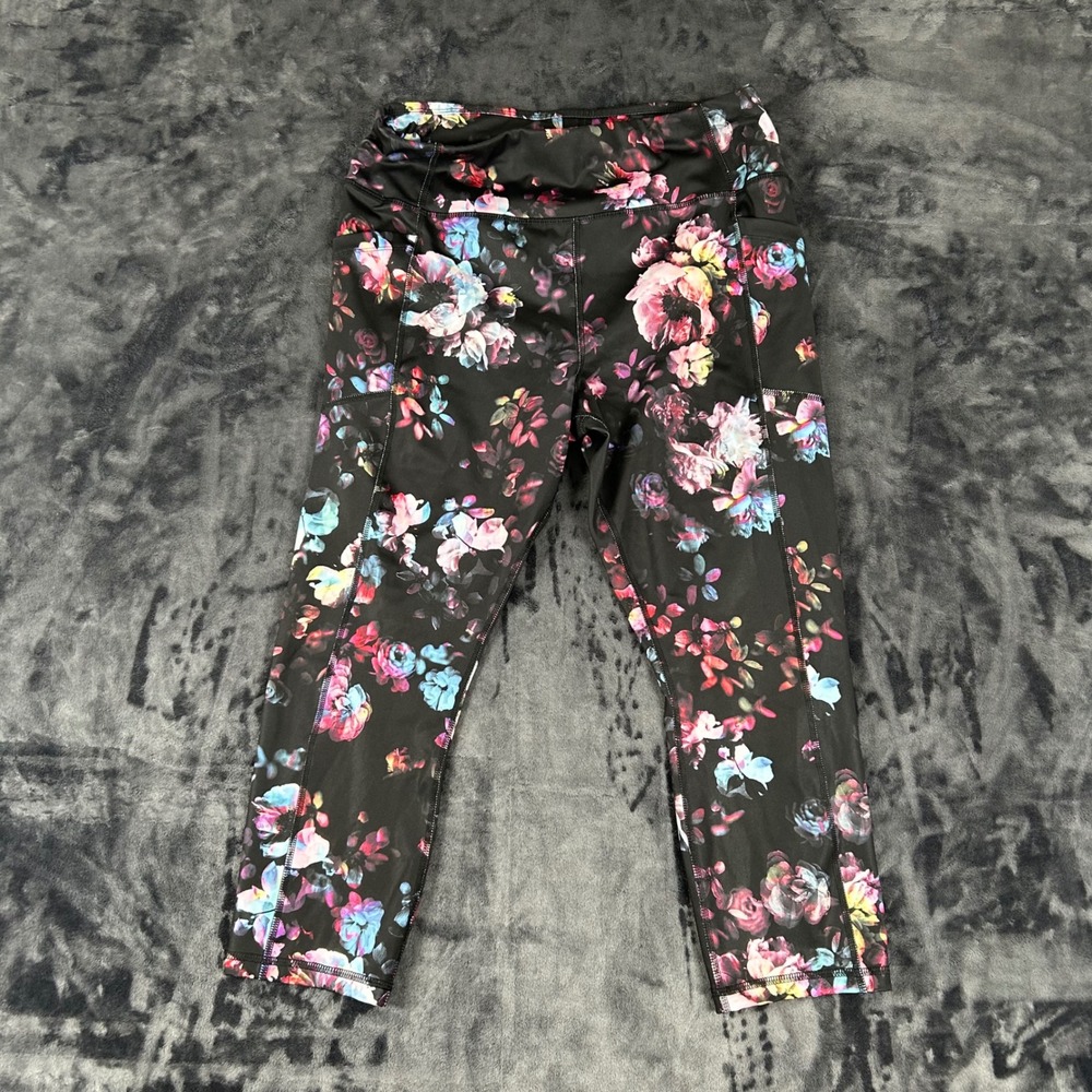 Avia Leggings Womens L‎ (12-14) Black Floral Print Cropped Activewear